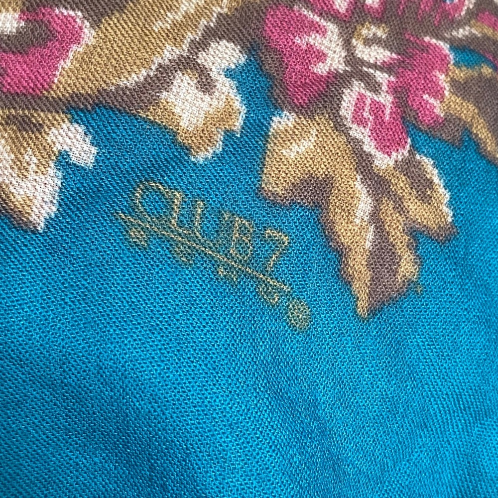 Vintage Glentex Teal Floral Tapestry Square Scarf Fringed Edge Victorian Style - Picture 9 of 13
